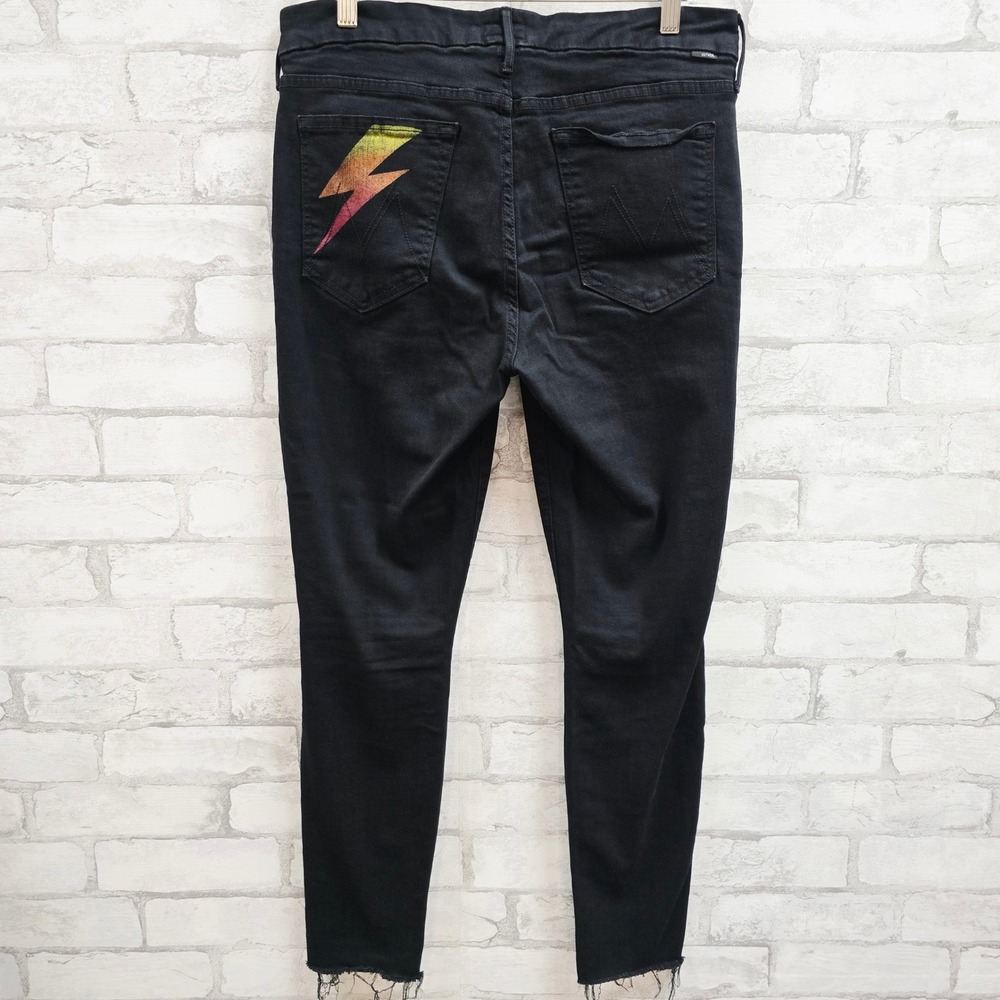Mother The Looker Ankle Fray Jeans Black Rainbow‎ Lightning Bolt Gold Bolt 31 - Picture 3 of 14